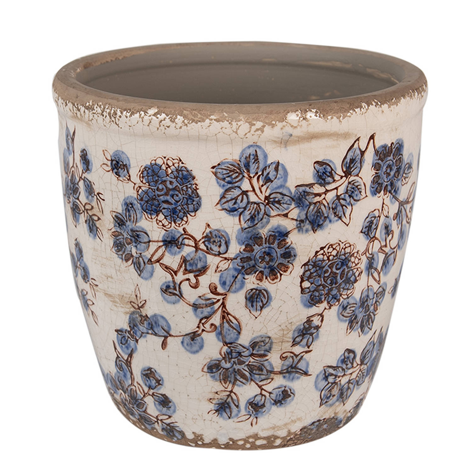 Clayre & Eef Bloempot Ø 17x16 cm Beige Blauw Keramiek Bloemen Bloempot Binnen