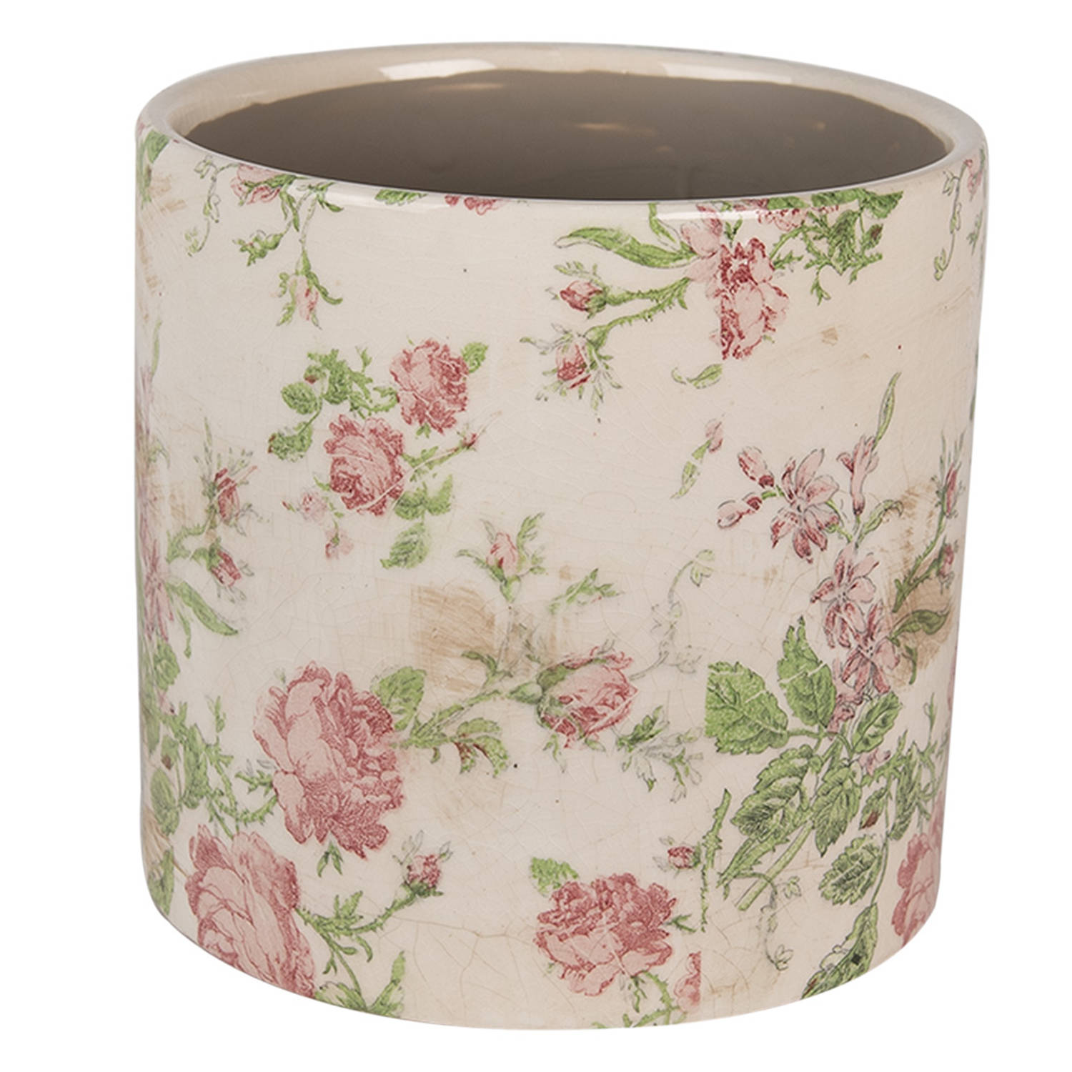 Clayre & Eef Bloempot Ø 17x16 cm Beige Roze Keramiek Bloemen Bloempot Binnen