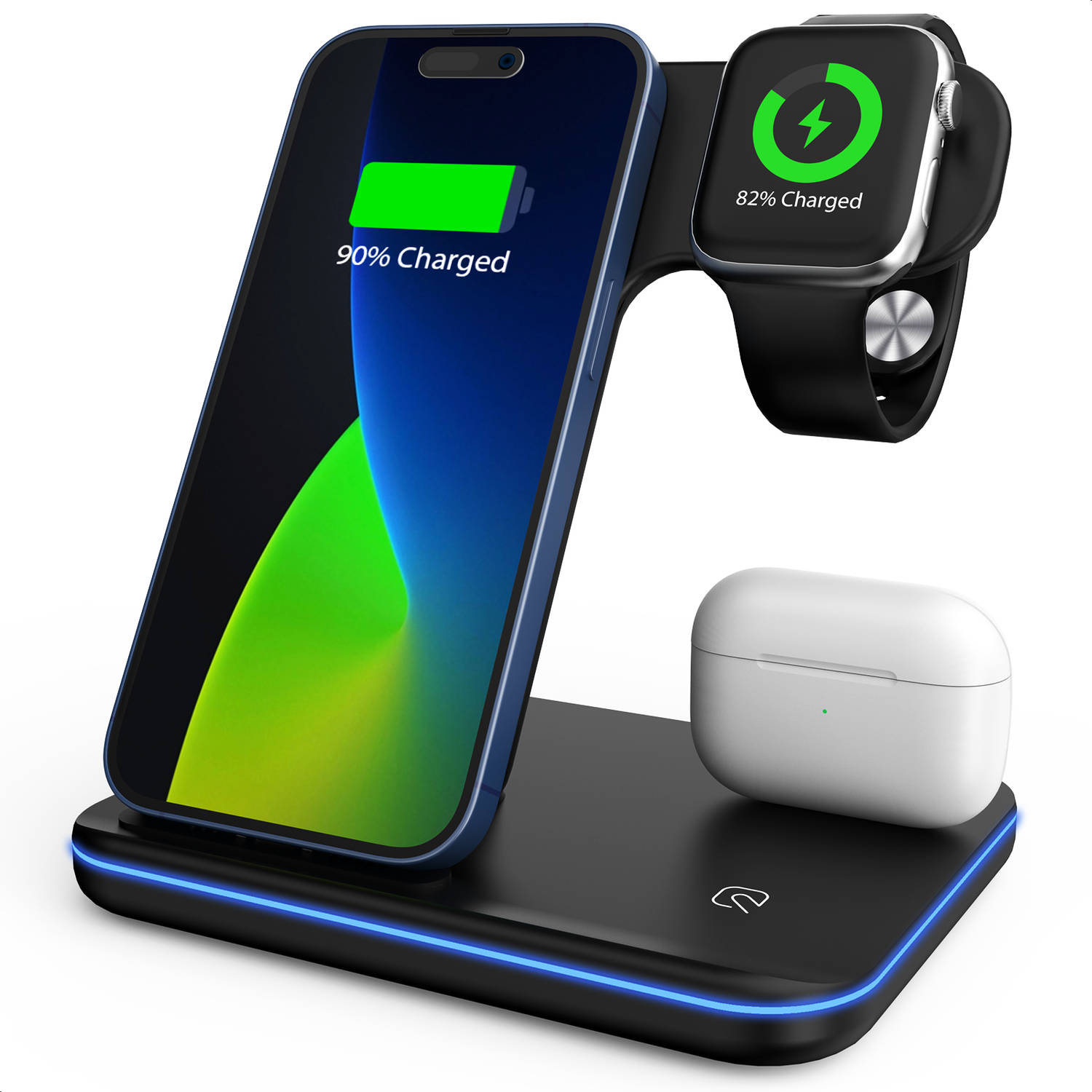 Strex 3-in-1 Draadloze Oplader - Wireless Charger - 15W Fast Charger - Oplaadstation Met Snellader Voor Smartphone/iPhone/Apple Watch/AirPods