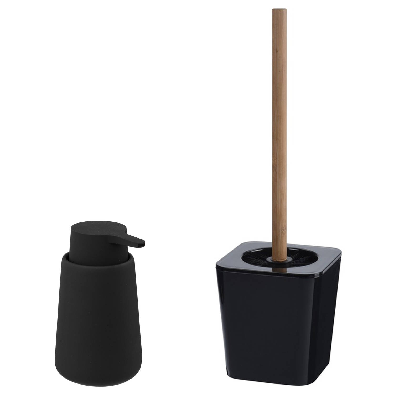 Excellent Houseware - WC-/toiletborstel en houder kunststof/bamboe zwart met zeeppompje 250 ml