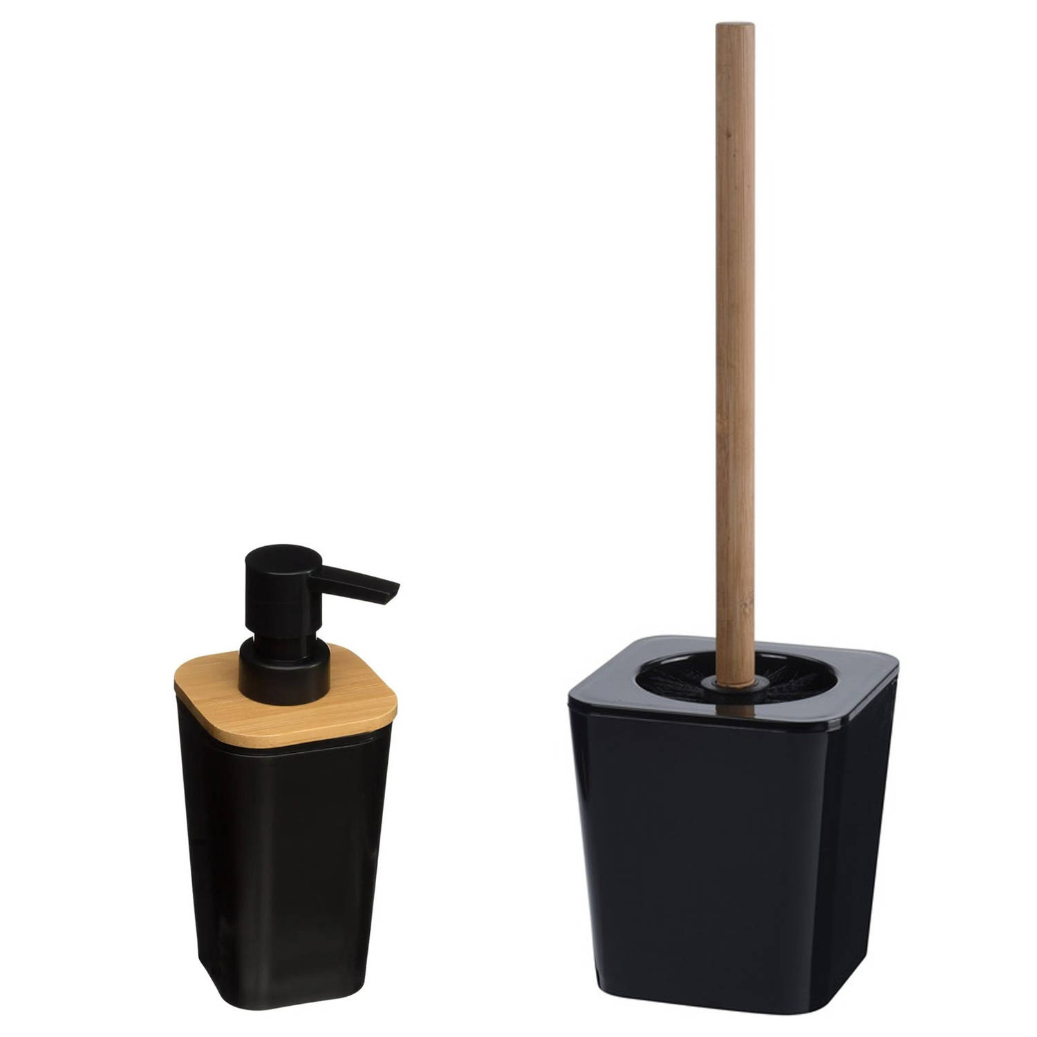 Excellent Houseware - WC-/toiletborstel en houder kunststof/bamboe zwart met zeeppompje 300 ml
