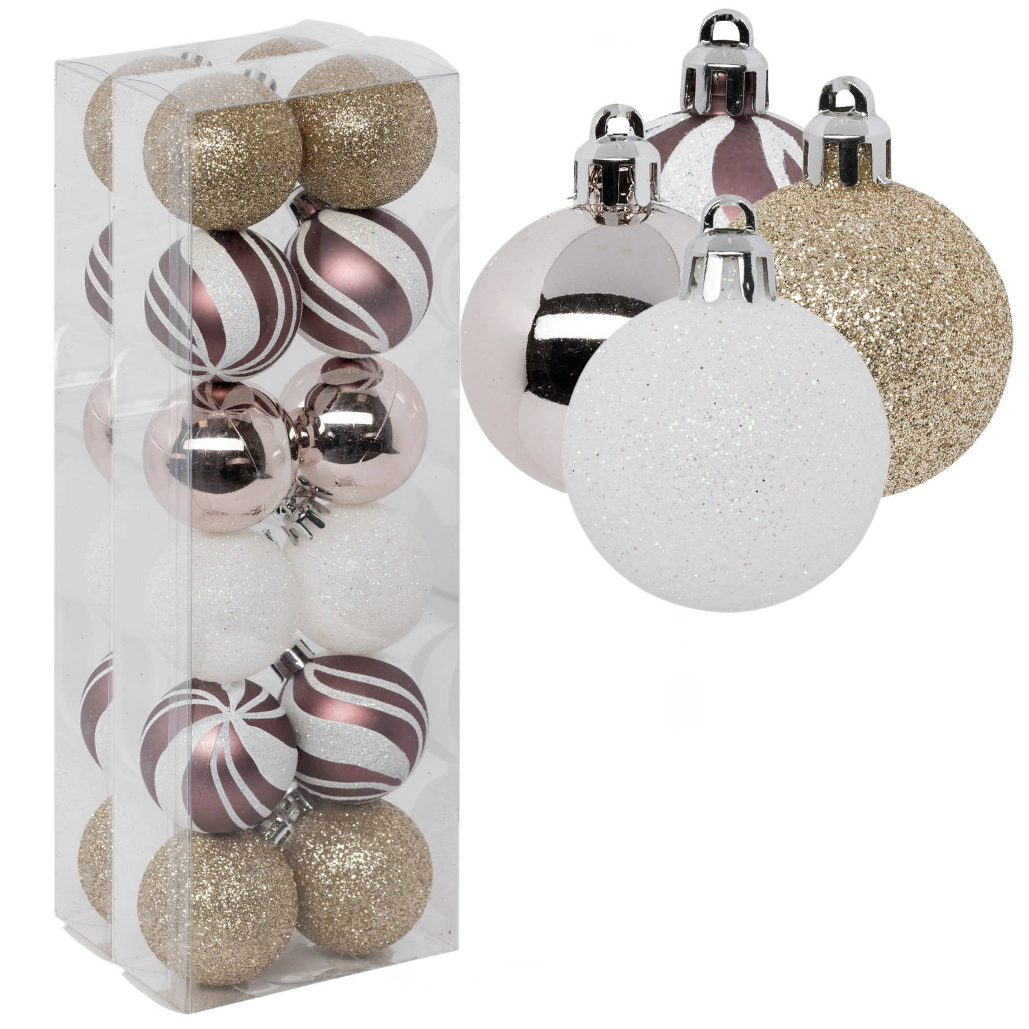 Atmosphera kerstballen - 24x - D4 cm - mix wit/roze/goud/champagne - plastic - Kerstbal