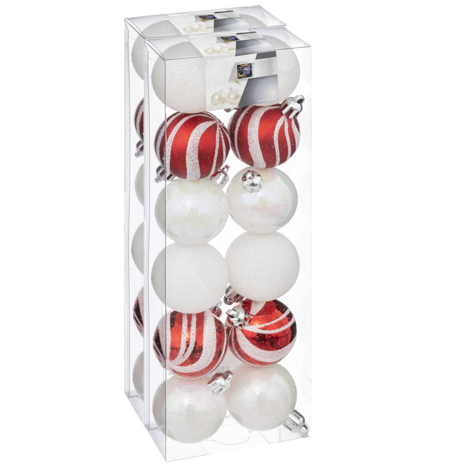 Atmosphera kerstballen - 24x- D4 cm - parelmoer wit/rood - plastic - Kerstbal