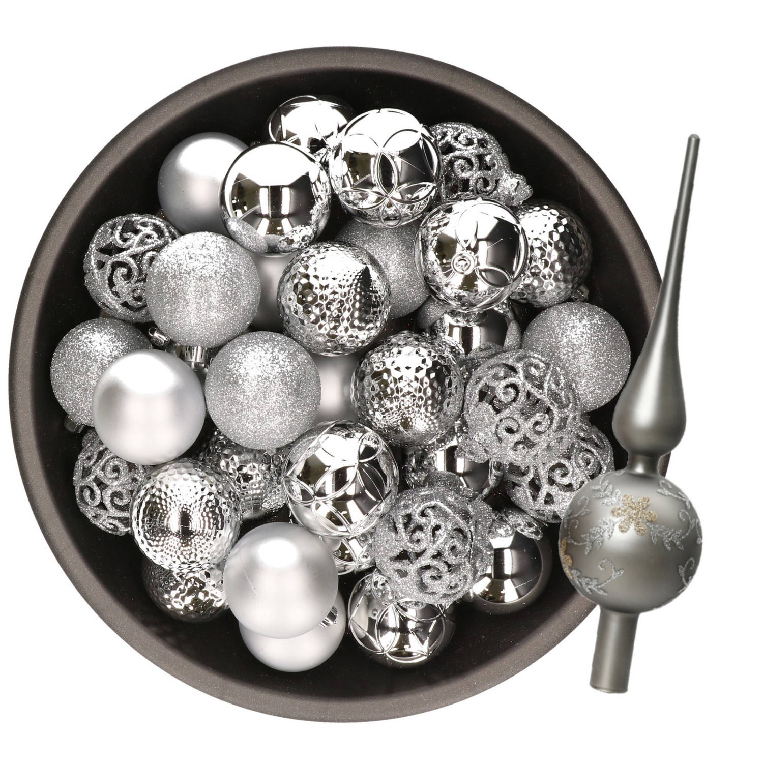 Kerstversiering- 38-dlg- zilver -kunststof kerstballen en glas piek Kerstbal