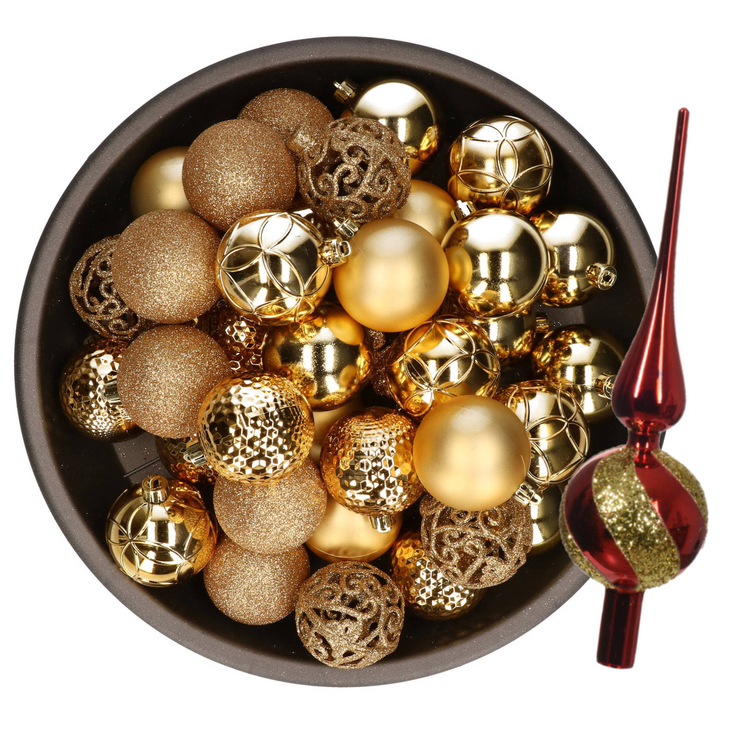 Kerstversiering set - 38-dlg - goud/rood - kunststof kerstballen en glazen piek