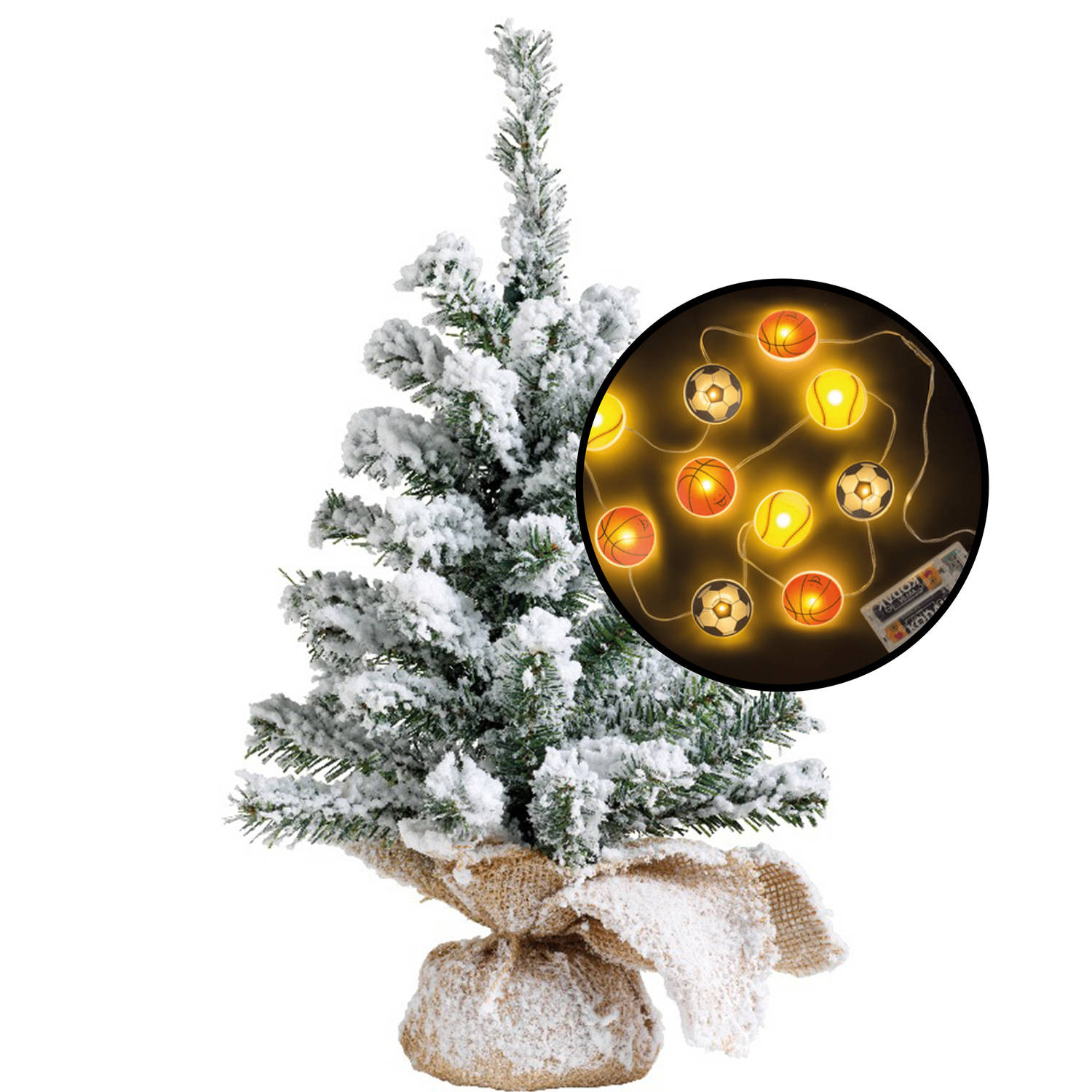 Mini kerstboom besneeuwd met sport thema verlichting H45 cm Kunstkerstboom