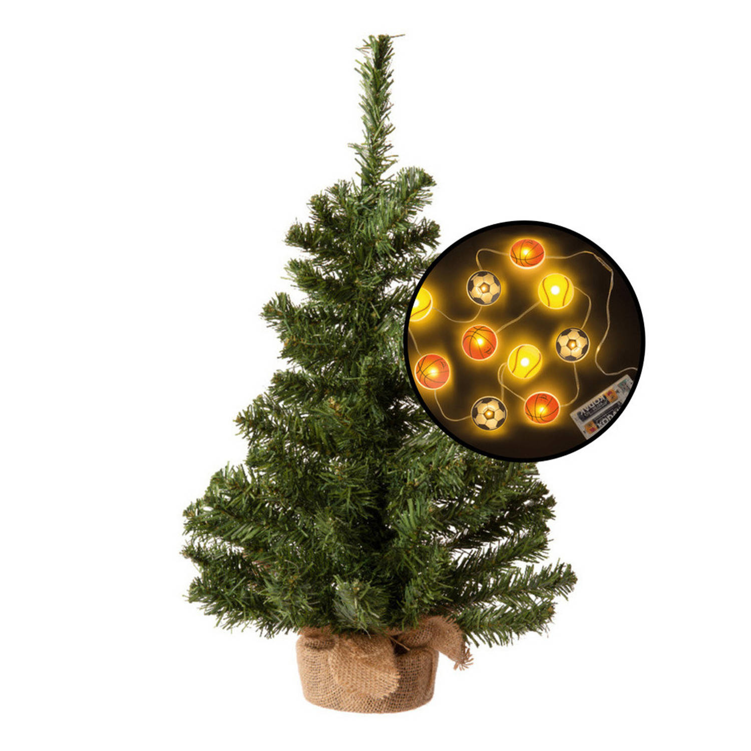 Mini kerstboom groen met sport thema verlichting H60 cm Kunstkerstboom