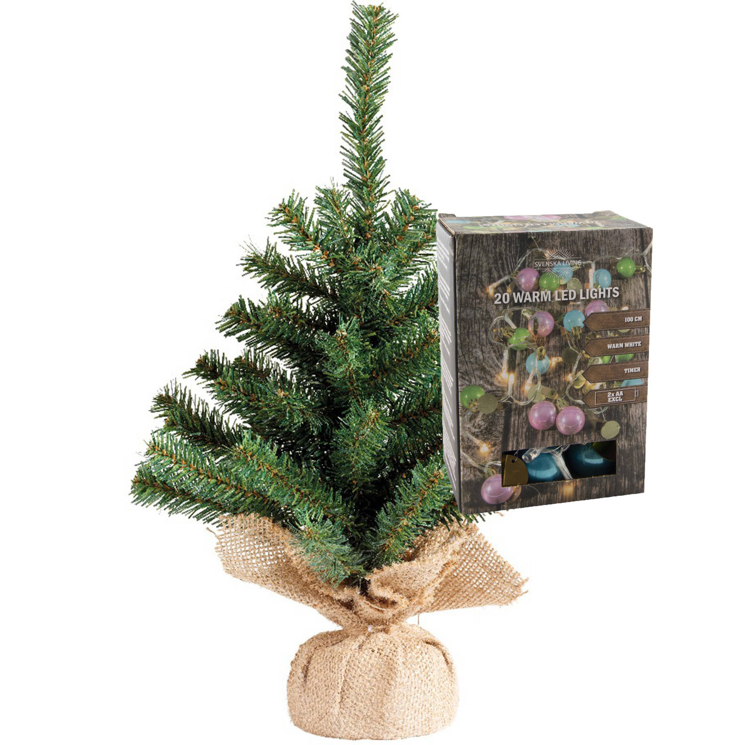Kleine kunst kerstboom H45 cm- incl. gekleurde kerstballen lichtsnoer Kunstkerstboom