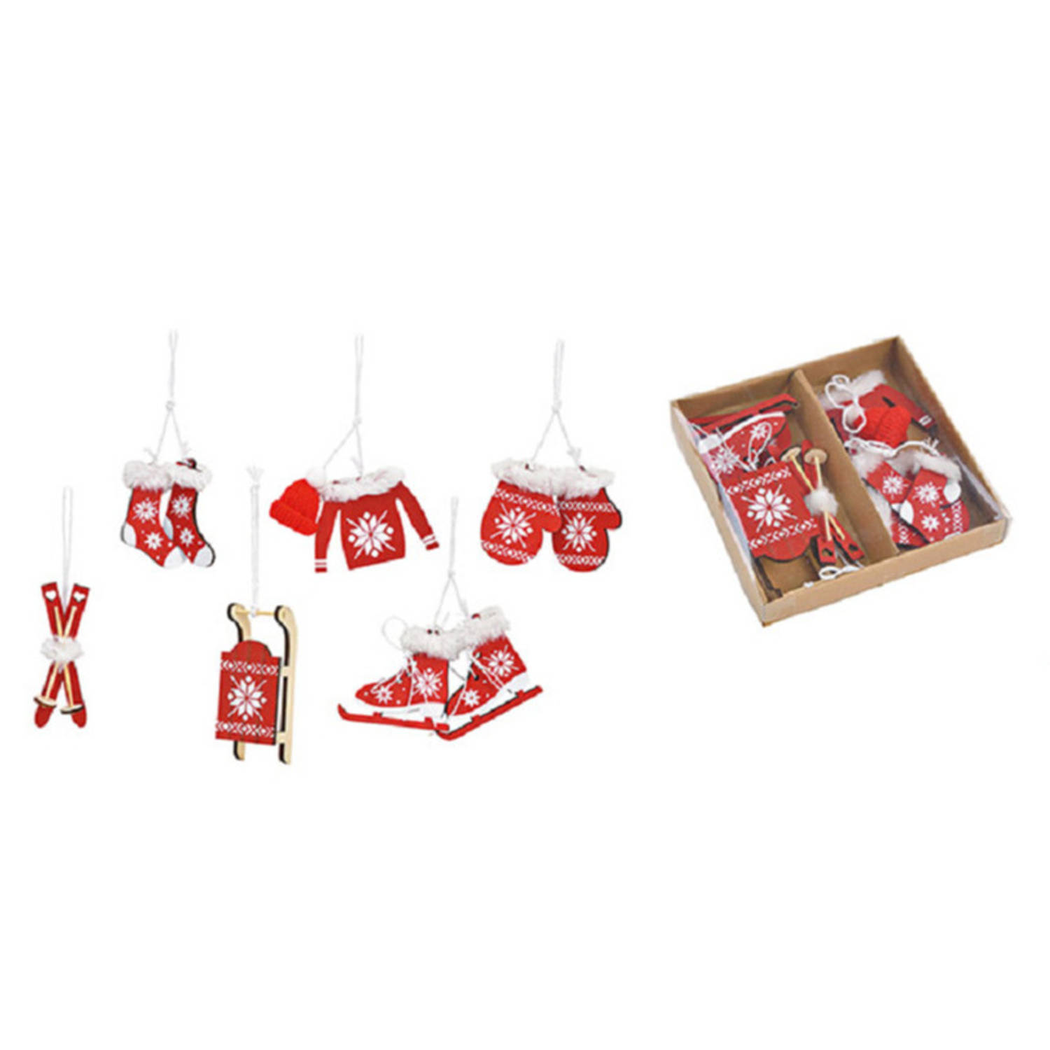 6x stuks houten kersthangers rood/wit wintersport thema kerstboomversiering - Kersthangers