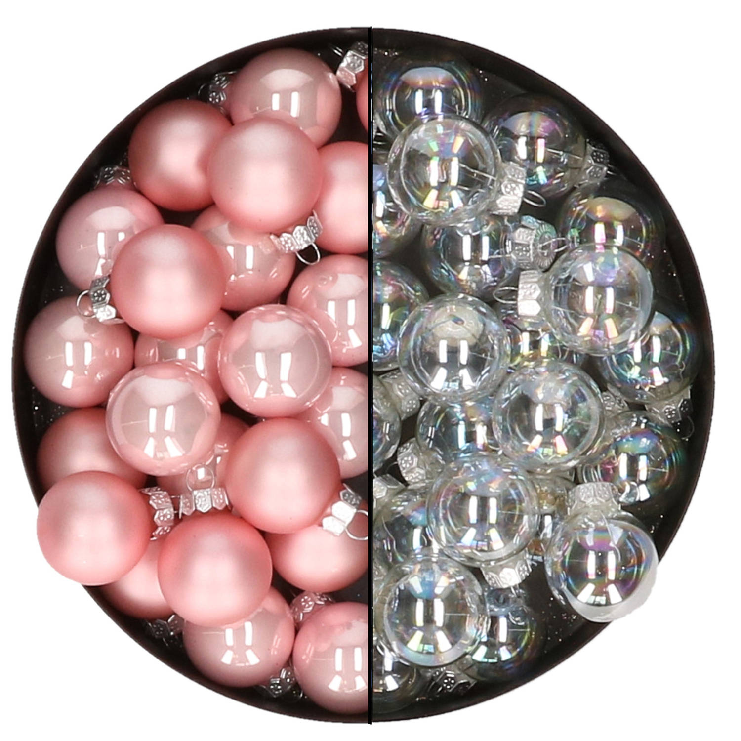 Mini kerstballen 48x- transparant parelmoer-lichtroze 2,5 cm -glas Kerstbal