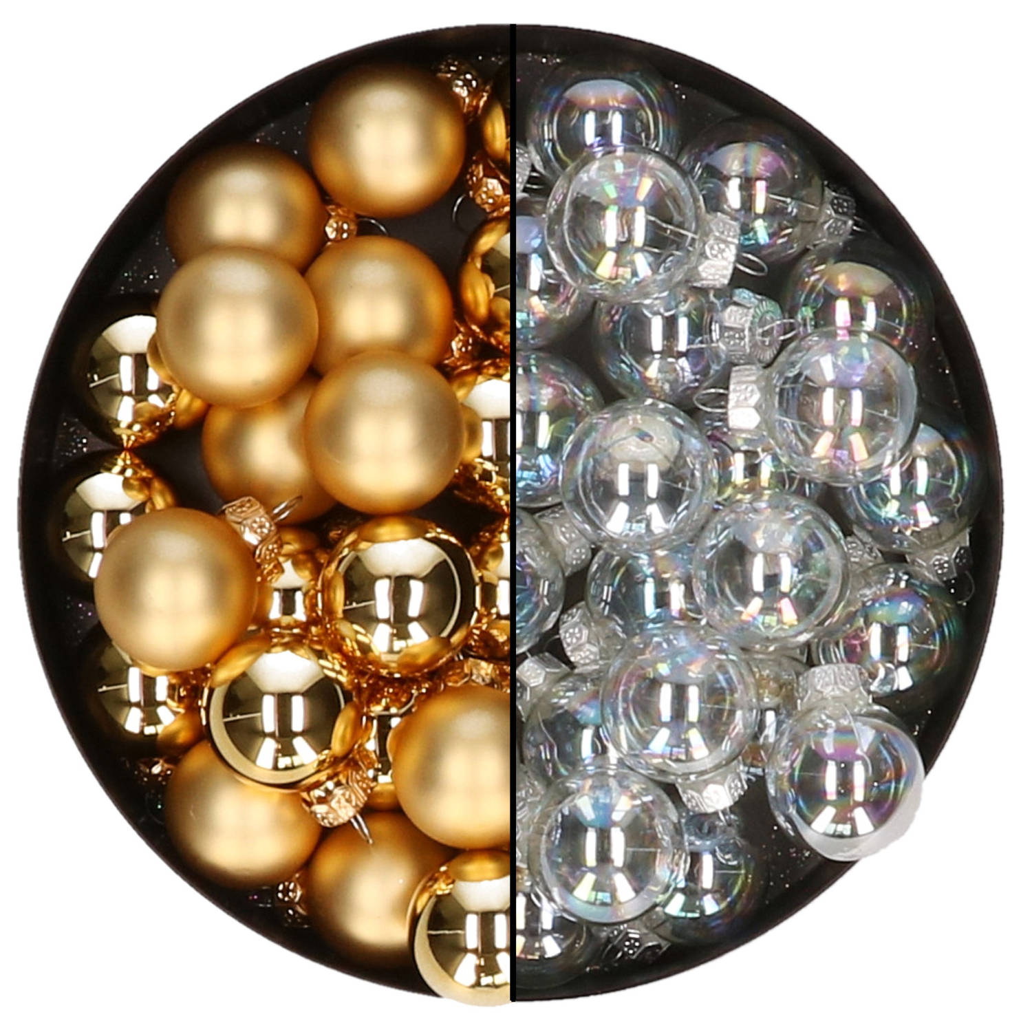 Mini kerstballen 48x- transparant parelmoer-goud 2,5 cm glas Kerstbal