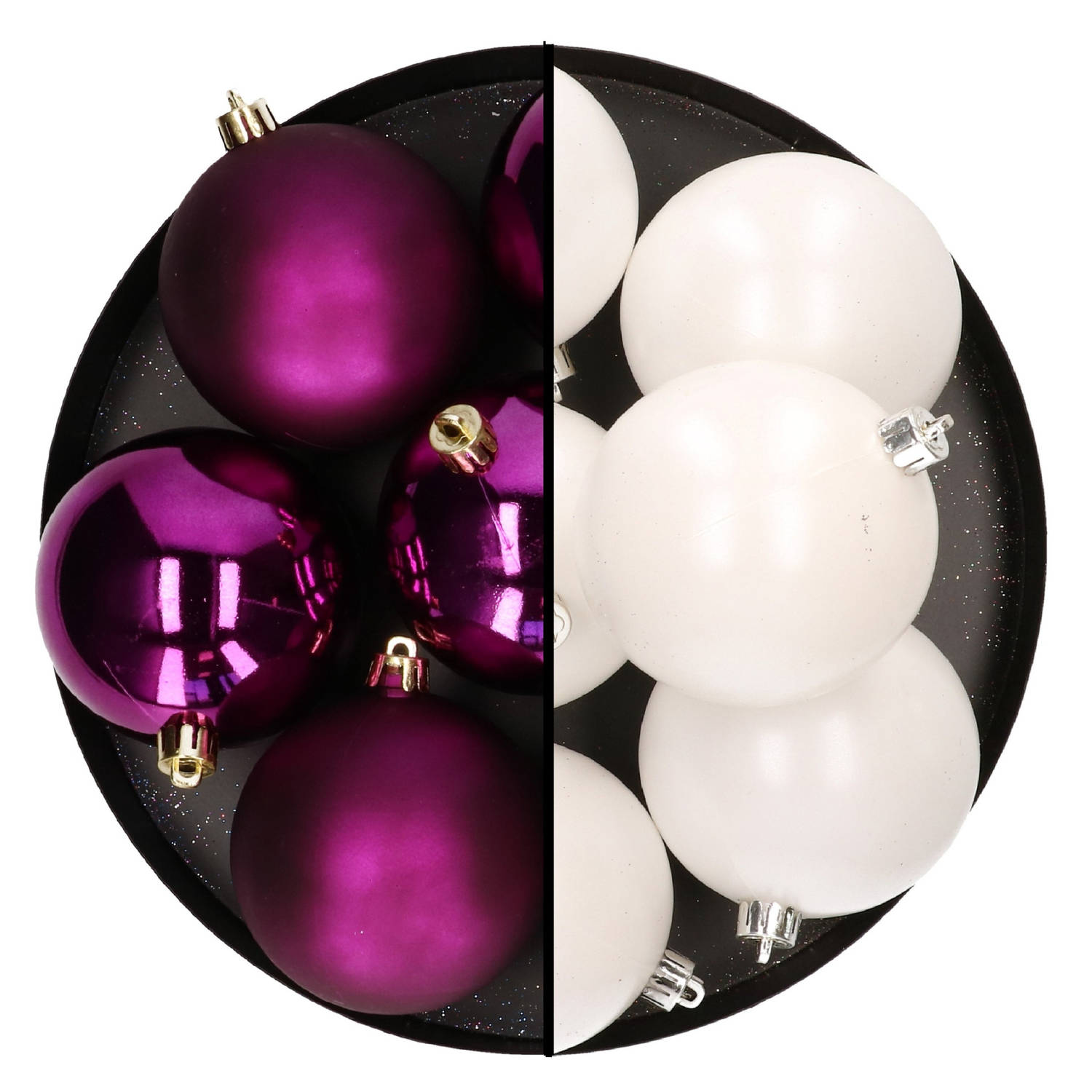 Decoris kerstballen 12x st 8 cm wit en paars kunststof Kerstbal