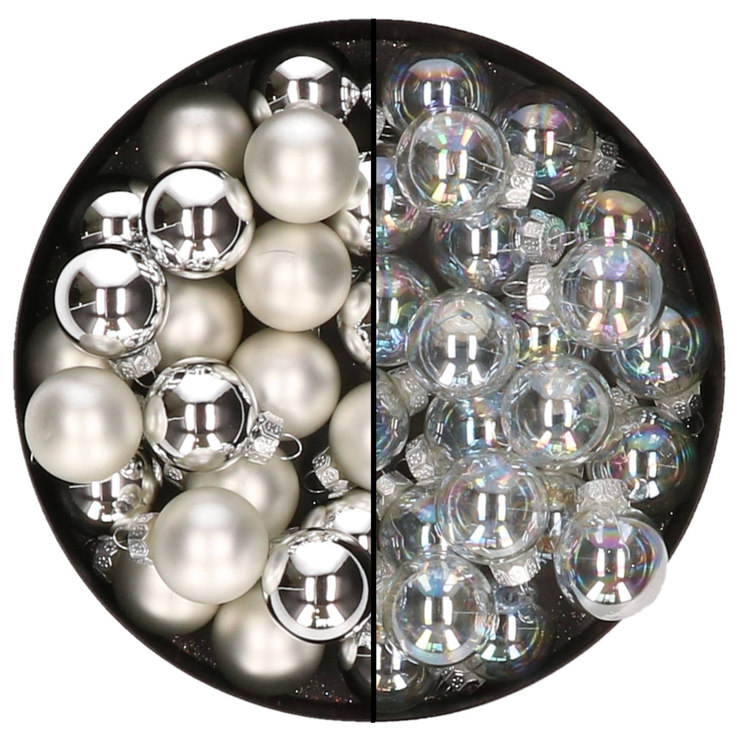 Mini kerstballen 48x- zilver en transparant parelmoer -2,5 cm glas Kerstbal