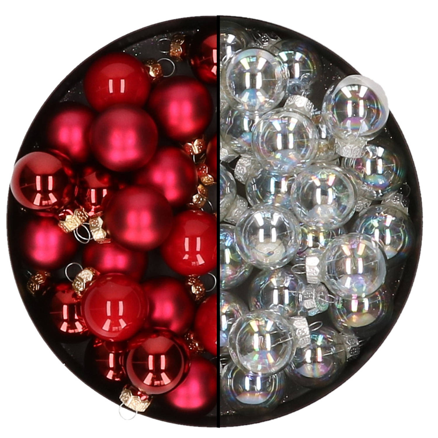 Mini kerstballen 48x- transparant parelmoer-rood 2,5 cm glas Kerstbal