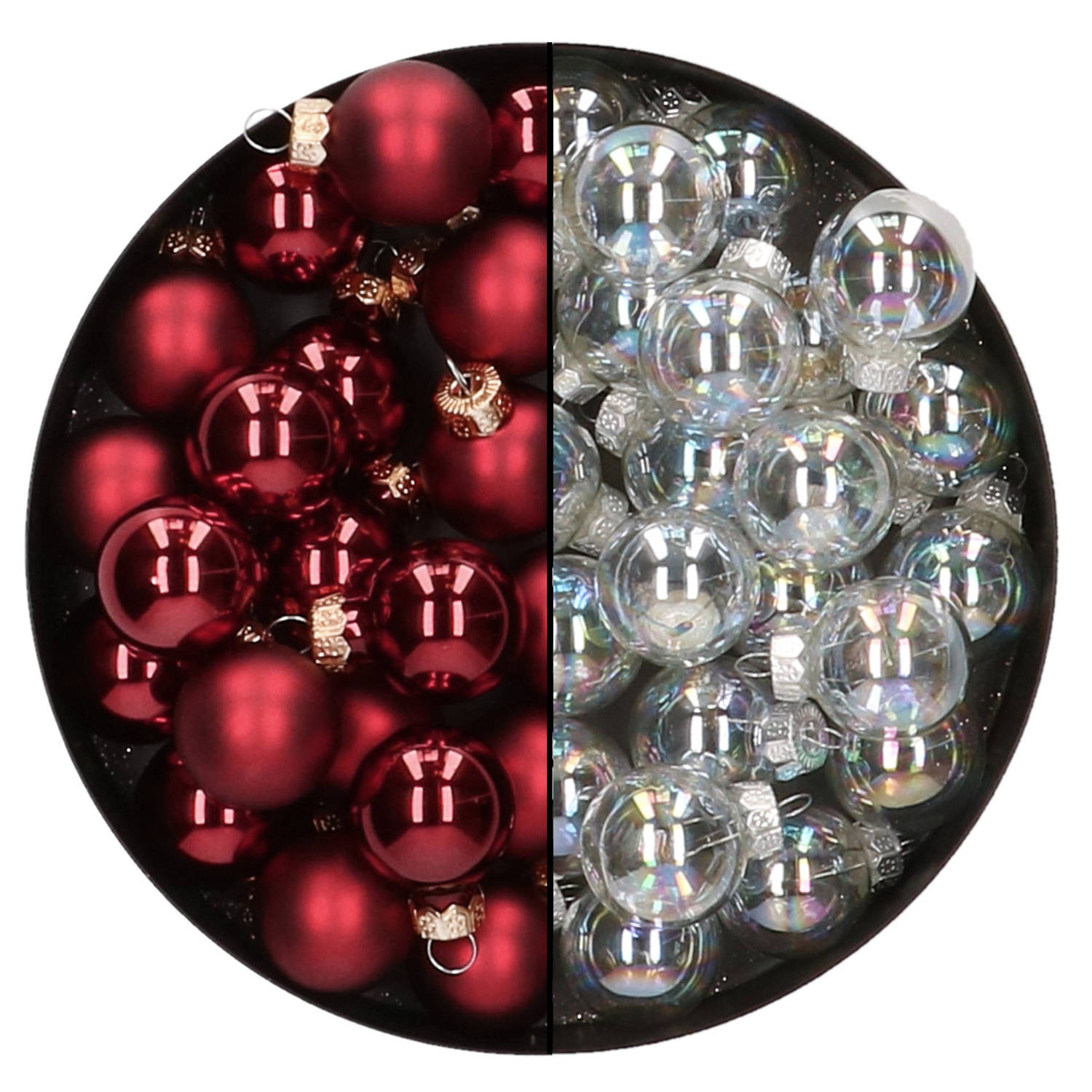 Mini kerstballen 48x- transparant parelmoer-donkerrood 2,5 cm glas Kerstbal