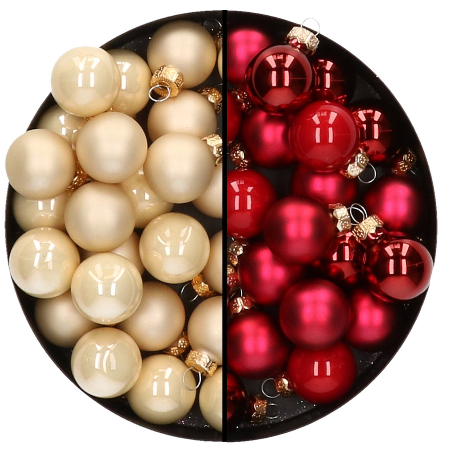 Mini kerstballen 48x st rood en champagne 2,5 cm glas Kerstbal