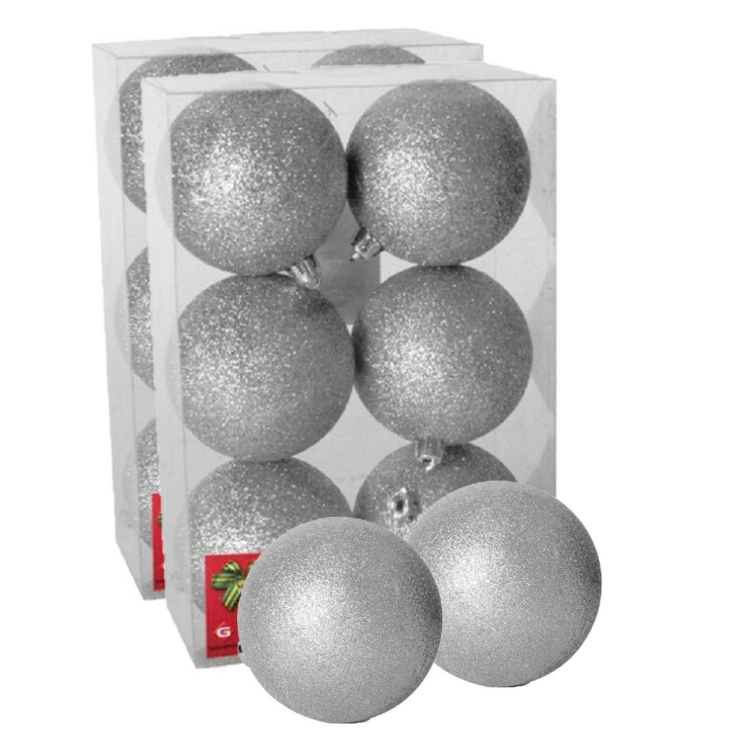 12x stuks kerstballen zilver glitters kunststof 8 cm Kerstbal