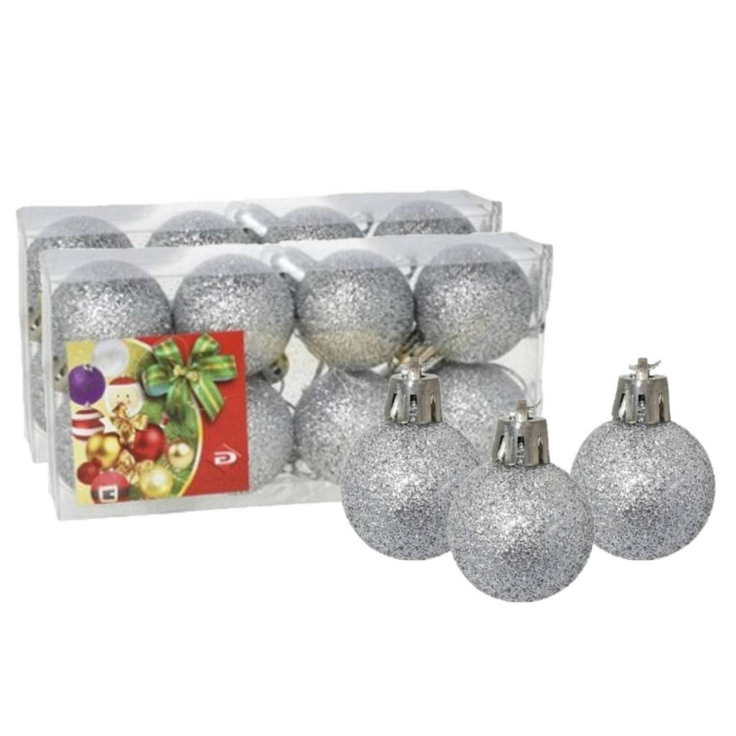 16x stuks kerstballen zilver glitters kunststof 3 cm Kerstbal