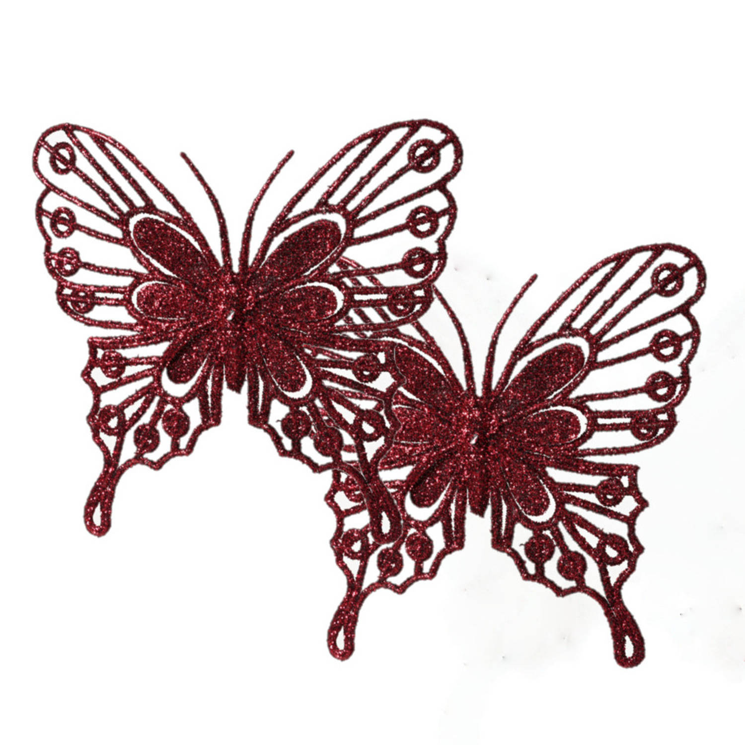 Decoris kerstboom decoratie vlinders op clip - 2x - donkerrood - 13 cm