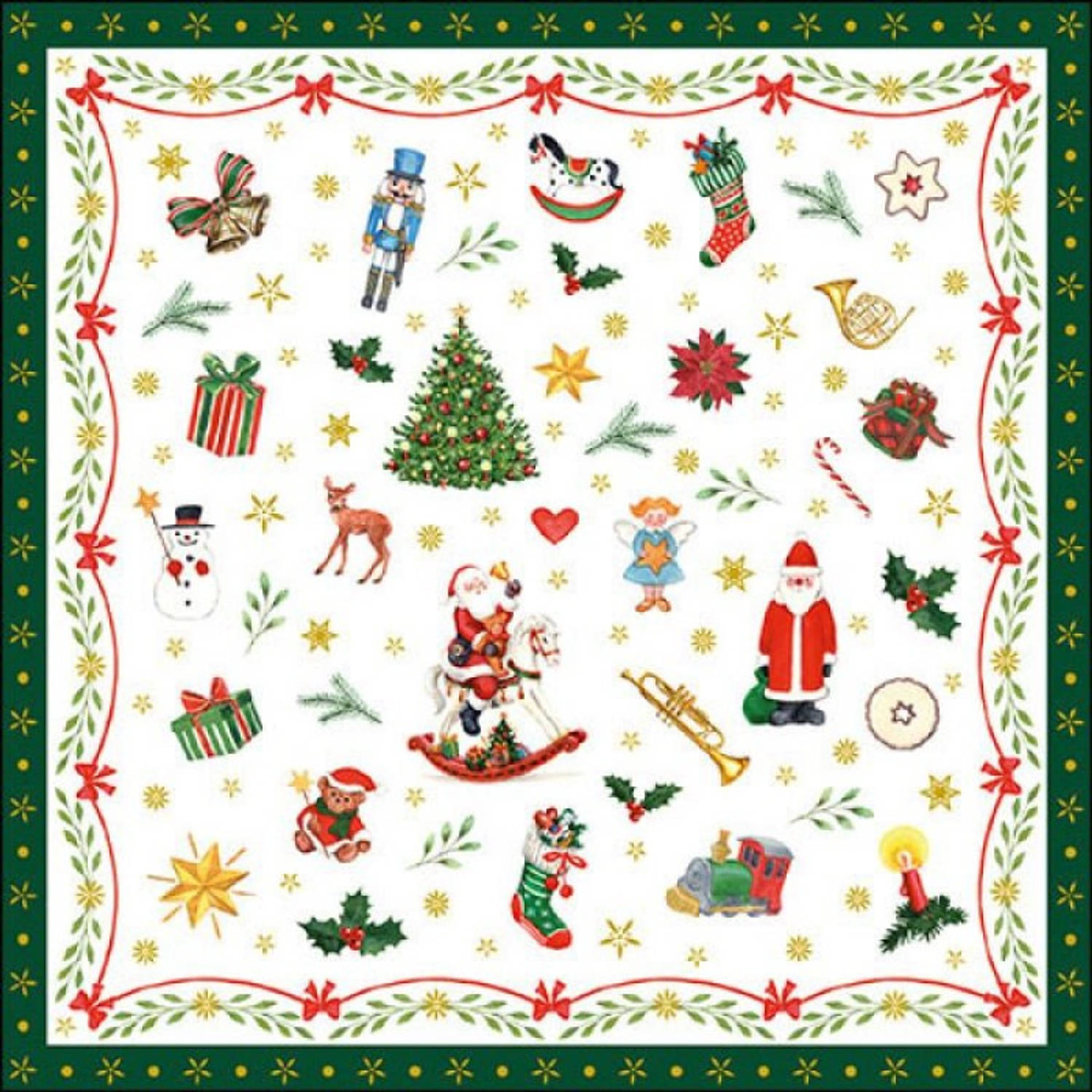 40x stuks kerstdiner-kerst thema servetten met kerstfiguren 33 x 33 cm groen Feestservetten