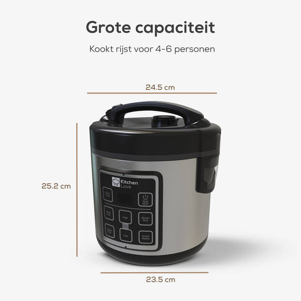 KitchenLove Rijstkoker met Stomer - 1.2L - Multicooker - Rice Cooker - Slowcooker - Zwart RVS