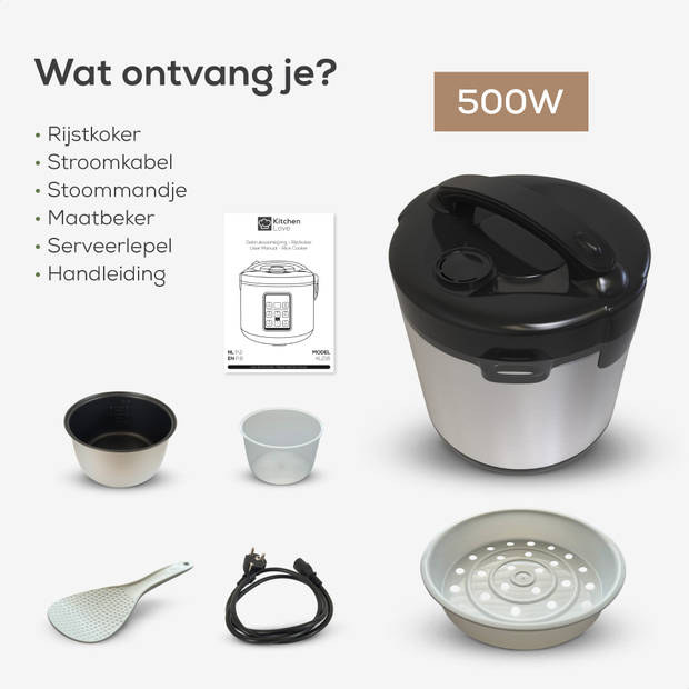 KitchenLove Rijstkoker met Stomer - 1.2L - Multicooker - Rice Cooker - Slowcooker - Zwart RVS