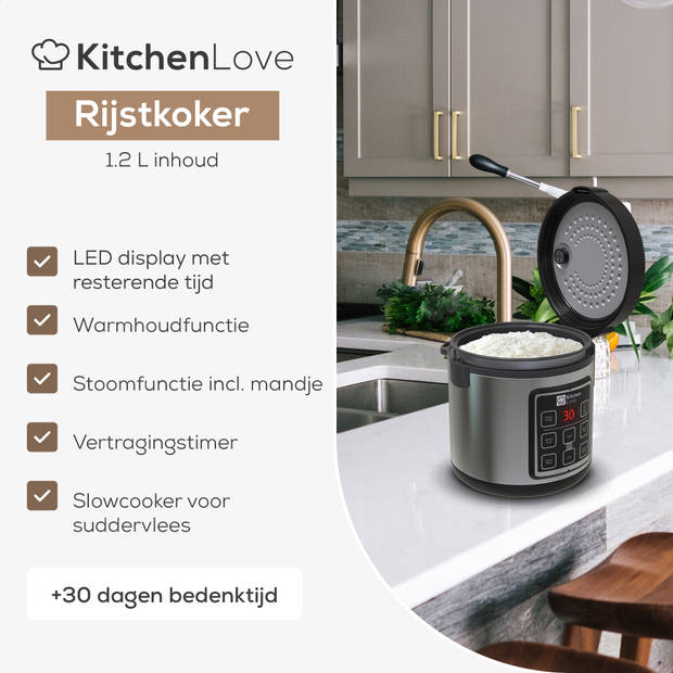 KitchenLove Rijstkoker met Stomer - 1.2L - Multicooker - Rice Cooker - Slowcooker - Zwart RVS