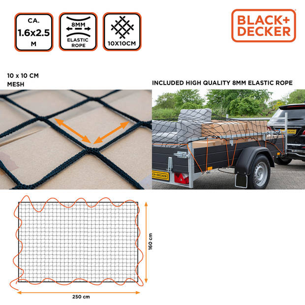 BLACK+DECKER Aanhangwagennet - 2 x 3 M - Rekbaar Elastiek - In Opbergtas - Zwart