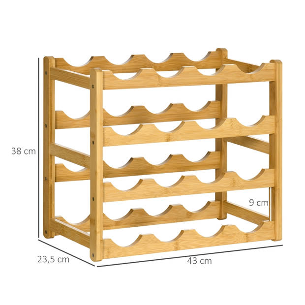 Wijnrek voor 16 flessen - 4 schappen - Bamboe - 43 cm x 23,5 cm x 38 cm