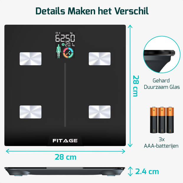 Personenweegschaal LCD - Weegschaal met 17x Lichaamsanalyse - Vetpercentagemeter - FITAGE App