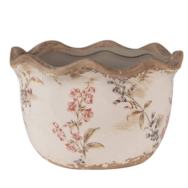 HAES DECO - Bloempot Ø 14x9 cm Beige Roze Keramiek Bloemen Bloempot Binnen