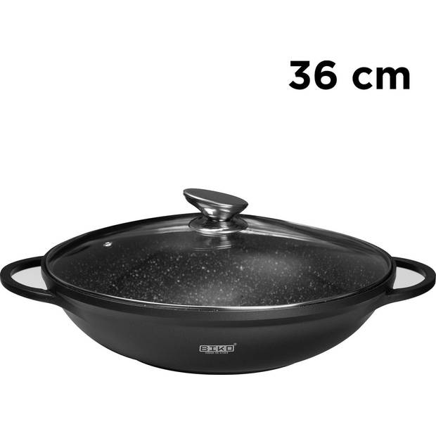 Wokpan - Marmeren coating - Glazen deksel - 36 cm - Zwart