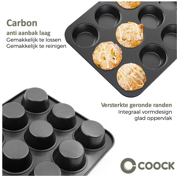 COOCK - Muffin Bakvorm met 12 Cupcake Vormpjes - Non Stick Incl. Papieren vormpjes & E-book