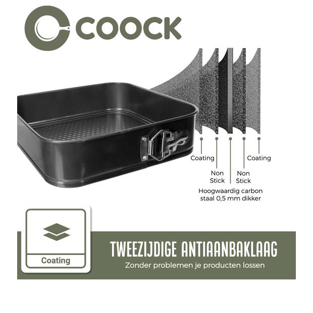 COOCK 3-delige Bakvorm Set Vierkant- Springvorm - Taartvorm + Antiaanbaklaag 24 tot 28 cm - Incl. Deegschraper & E-Book