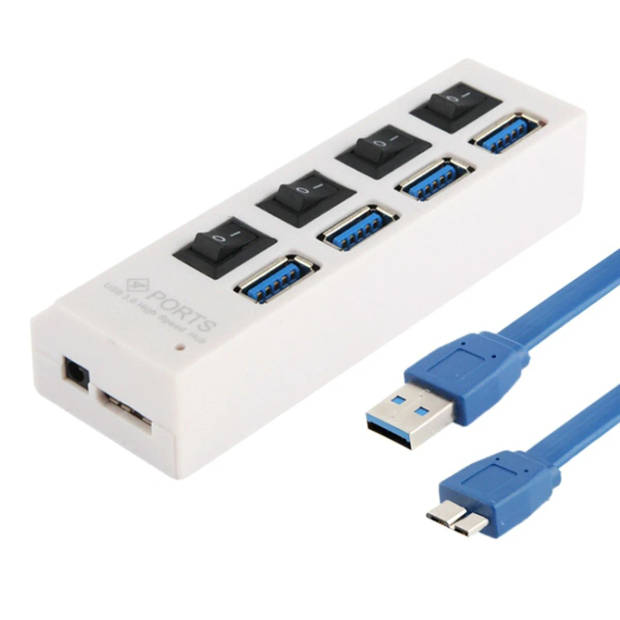 USB hub met 4 poorten met aan/uit schakelaars usb 3.0 wit