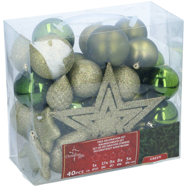 Christmas Gifst Kerstballen Set Groen - 40 Stuks Kunststof Kerstballen - Incl. Piek