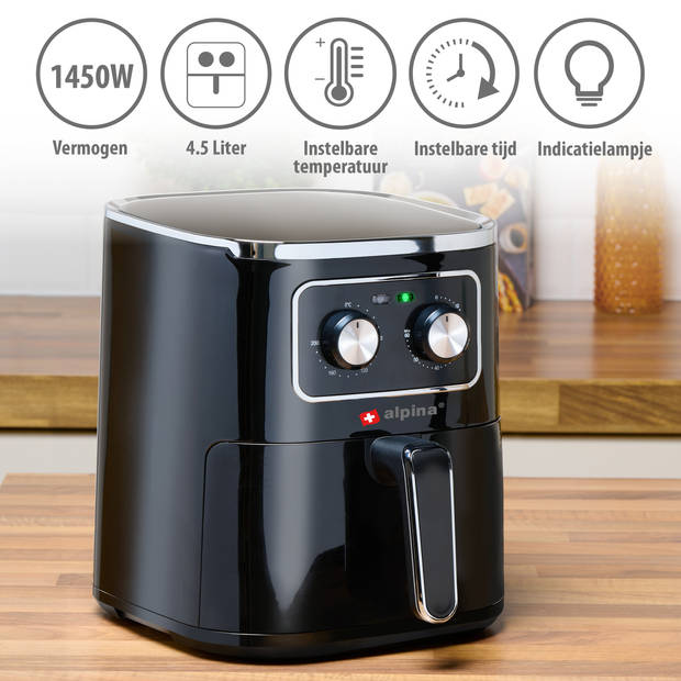 alpina Airfryer 4.5L- Heteluchtfriteuse voor 3 tot 4 Personen - Air Fryer met Instelbare Temperatuur van 80°C tot 200°C