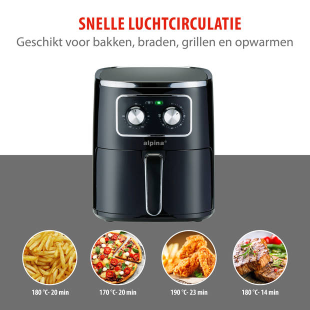 alpina Airfryer 4.5L- Heteluchtfriteuse voor 3 tot 4 Personen - Air Fryer met Instelbare Temperatuur van 80°C tot 200°C