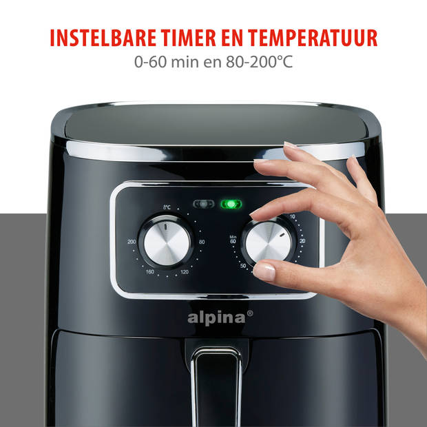 alpina Airfryer 4.5L- Heteluchtfriteuse voor 3 tot 4 Personen - Air Fryer met Instelbare Temperatuur van 80°C tot 200°C