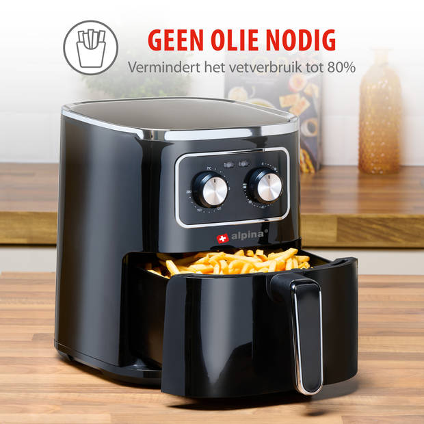 alpina Airfryer 4.5L- Heteluchtfriteuse voor 3 tot 4 Personen - Air Fryer met Instelbare Temperatuur van 80°C tot 200°C