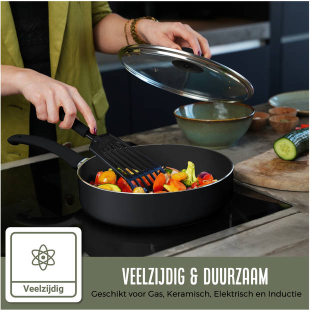 COOCK 19-Delige Pannenset – Anti-Aanbak Coating - Ergonomische Handgrepen - Zwart - Inclusief Onderzetters en E-book