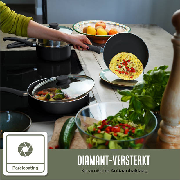 COOCK 19-Delige Pannenset – Anti-Aanbak Coating - Ergonomische Handgrepen - Zwart - Inclusief Onderzetters en E-book