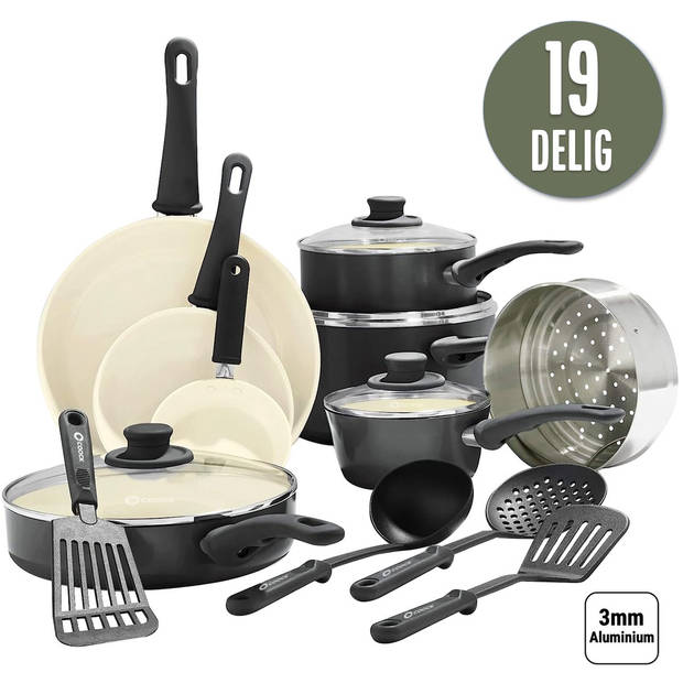 COOCK 19-Delige Pannenset – Anti-Aanbak Coating - Ergonomische Handgrepen - Zwart - Inclusief Onderzetters en E-book