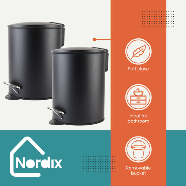 Nordix Pedaalemmer - 3 Liter - 2 Stuks - Prullenbak - Afvalbak - Badkamer - Toilet - Zwart - Metaal