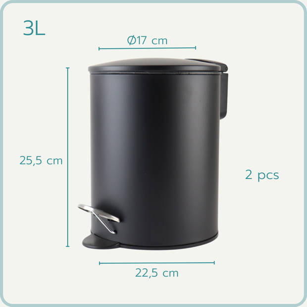 Nordix Pedaalemmer - 3 Liter - 2 Stuks - Prullenbak - Afvalbak - Badkamer - Toilet - Zwart - Metaal