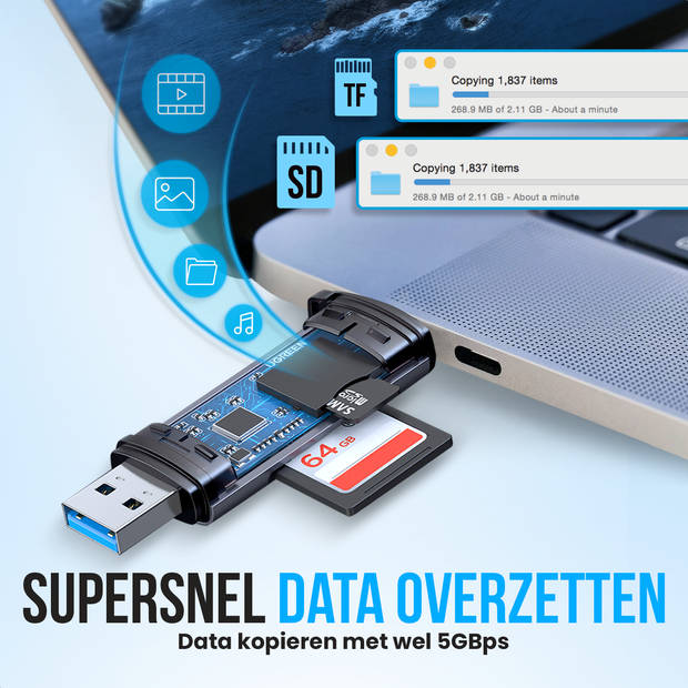 Strex Kaartlezer - Card Reader - USB 3.0/USB C - 2-In-1 - SD Kaart/TF Kaart - Geheugenkaartlezer