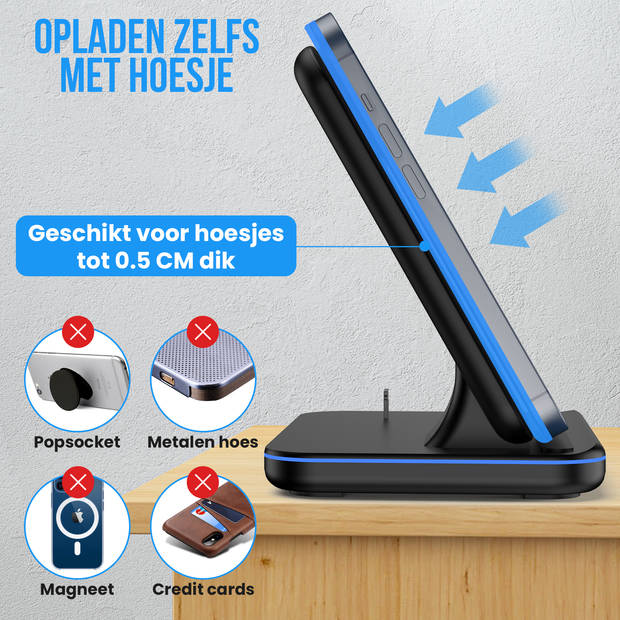 Strex 3-in-1 Draadloze Oplader - Wireless Charger - 15W Fast Charger - Oplaadstation Met Snellader Geschikt Voor