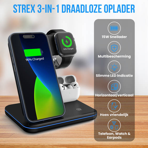 Strex 3-in-1 Draadloze Oplader - Wireless Charger - 15W Fast Charger - Oplaadstation Met Snellader Geschikt Voor