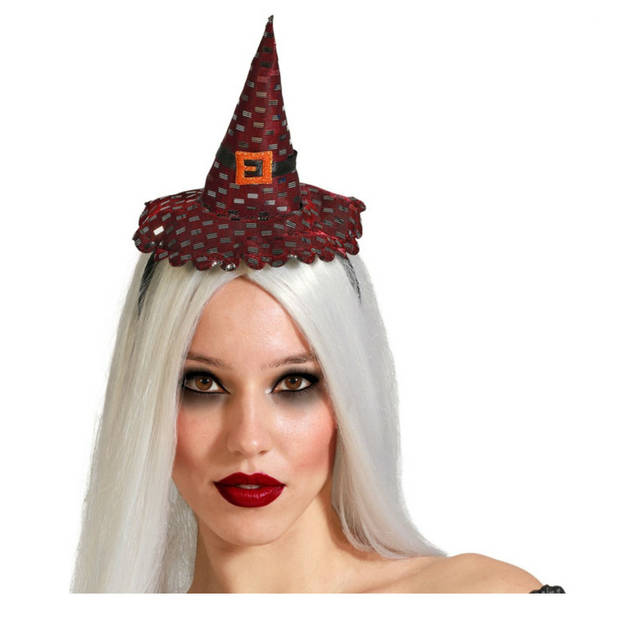 Halloween heksenhoed - mini hoedje op diadeem - one size - zwart/donkerrood - meisjes/dames - Verkleedhoofddeksels