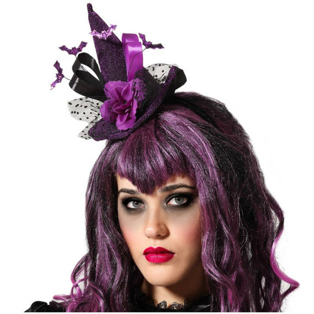 Halloween heksenhoed - mini hoedje op diadeem - one size - zwart/paars - meisjes/dames - Verkleedhoofddeksels